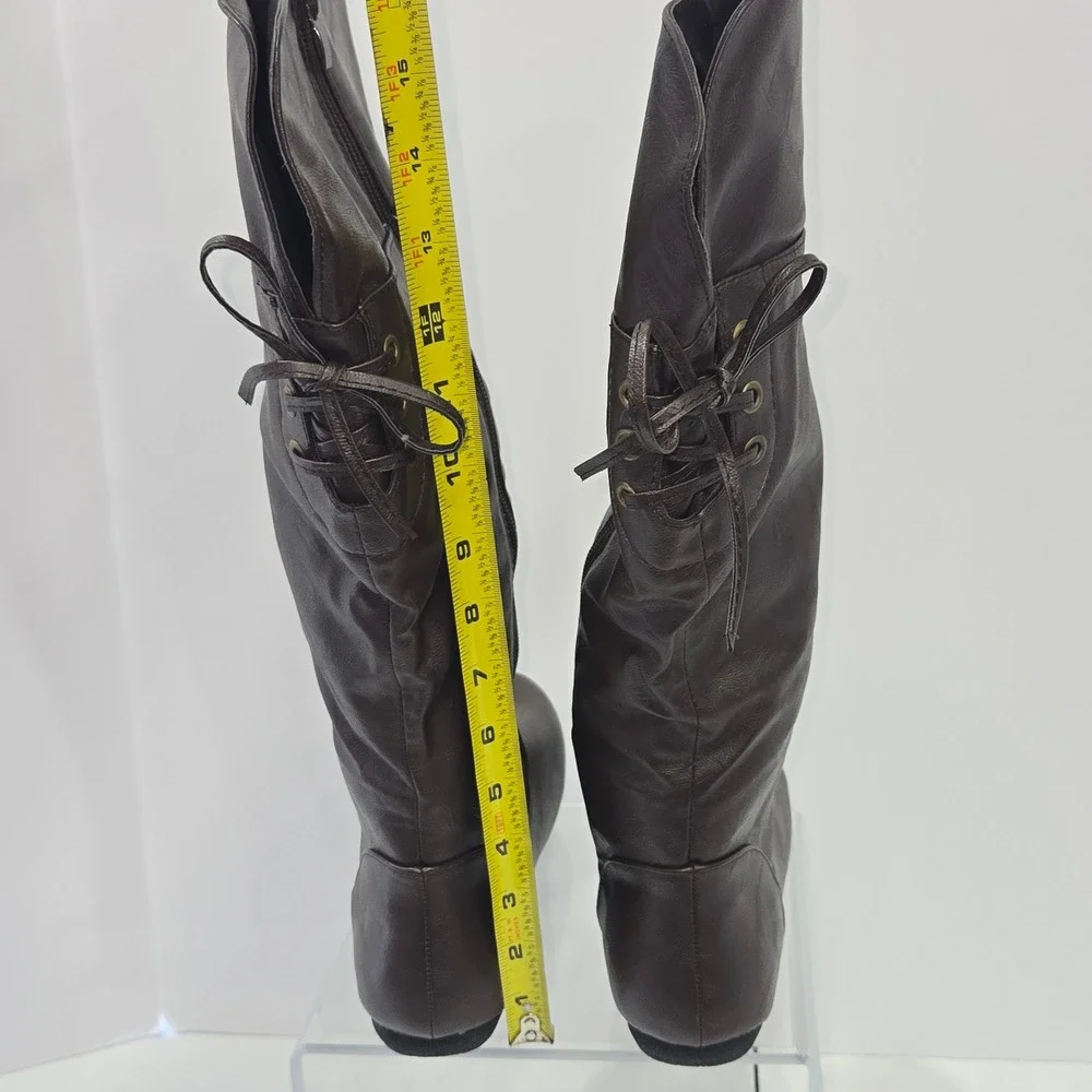 Kalli Womens Size 10 Brown Faux Leather Tall Slouch Boots Lace Up Back Flat Sole